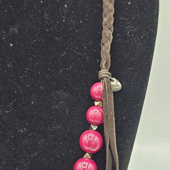Fossil Braided Brown Cord Necklace With Large Pink Beads & Metal Accents - Picture 4 of 6